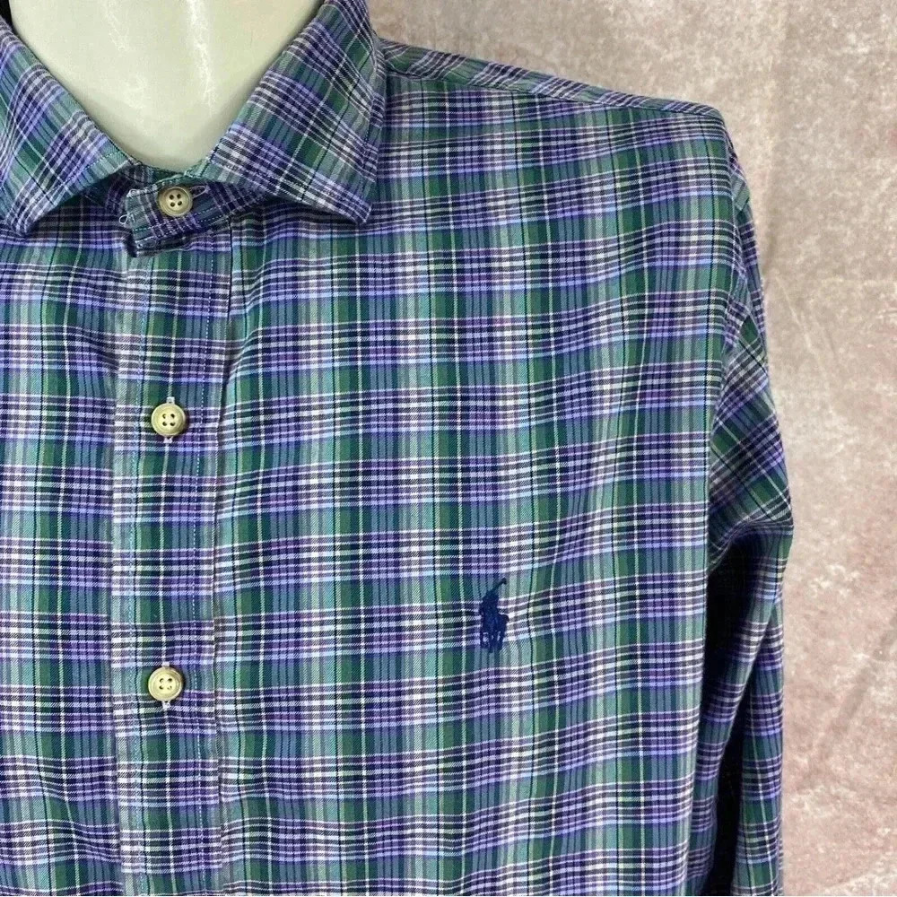 Men’s Polo Ralph Lauren button down dress shirt purple green plaid, NWOT